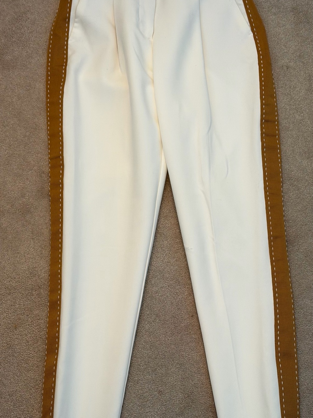 Zara Cream Straight-Leg Pants with Brown Side Stripes
